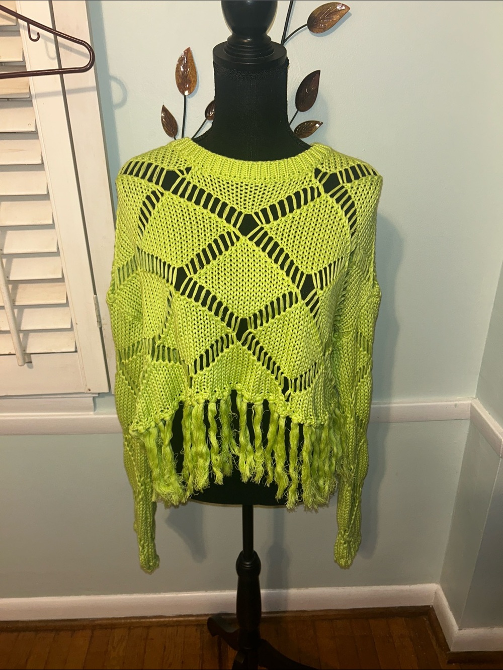 Peach Love California Neon Lime Open-Knit Fringe Crewneck Sweater